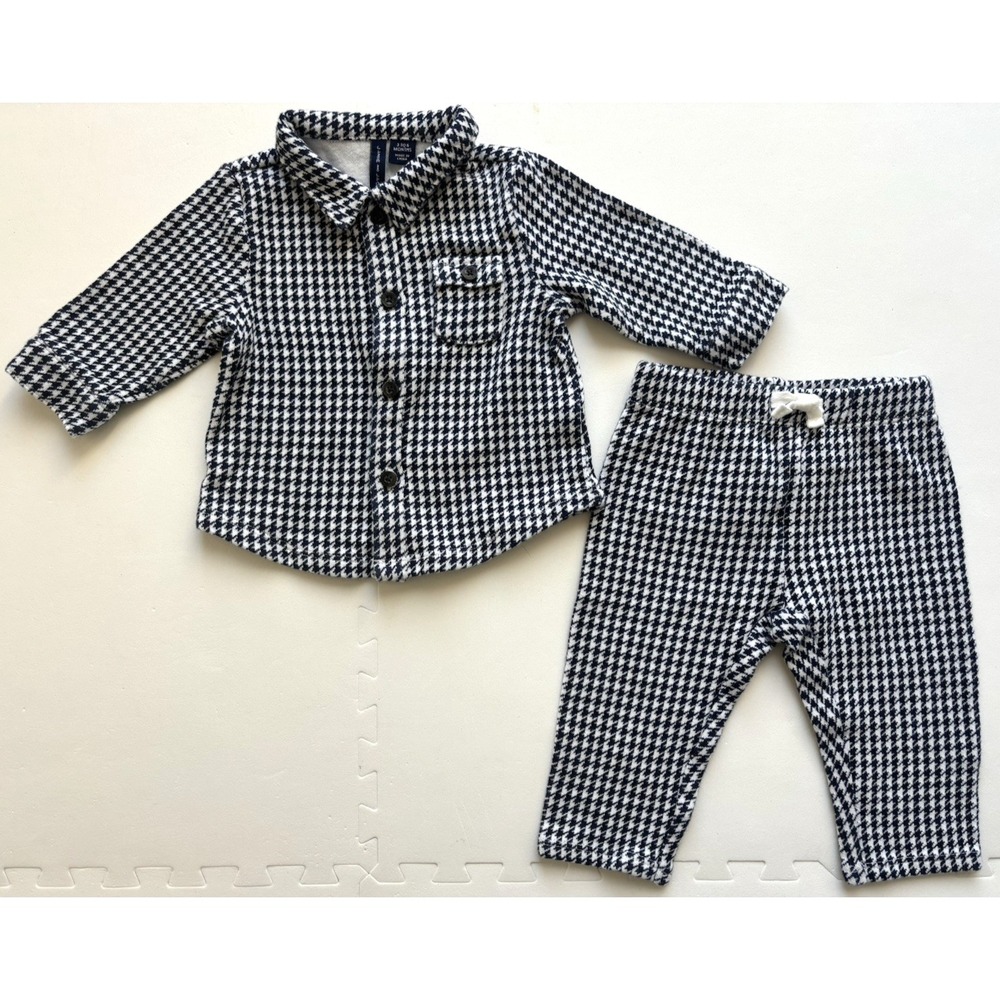 JANIE and JACK Baby Boy Shirt Pants Set Houndstooth Preppy Retro - Sz 3-6 Months